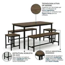 Ver imagem 3 de Conjunto Mesa de Jantar com 2 Bancos e 2 Banquetas Estilo Industrial Aço e Active Nogal Yescasa Marrom