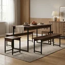 Ver imagem 1 de Conjunto Mesa de Jantar com 2 Bancos e 2 Banquetas Estilo Industrial Aço e Active Nogal Yescasa Marrom
