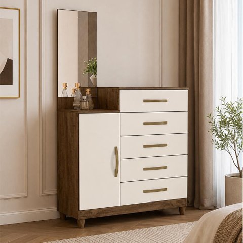 Cômoda Sapateira Lisboa 5 Gavetas com Espelho Castanho Wood/Off White - Moval