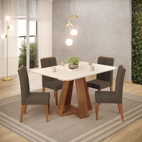 Conjunto de Mesa Kiara 120cm Freijó Off White e 04 Cadeiras Yasmin Freijó Linho Canela DJ Móveis