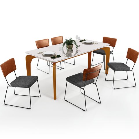 Mesa Capri 160 Off White Com 6 Cadeiras Allana B05 Couríssimo Camel Linho Cinza Escuro - Lyam