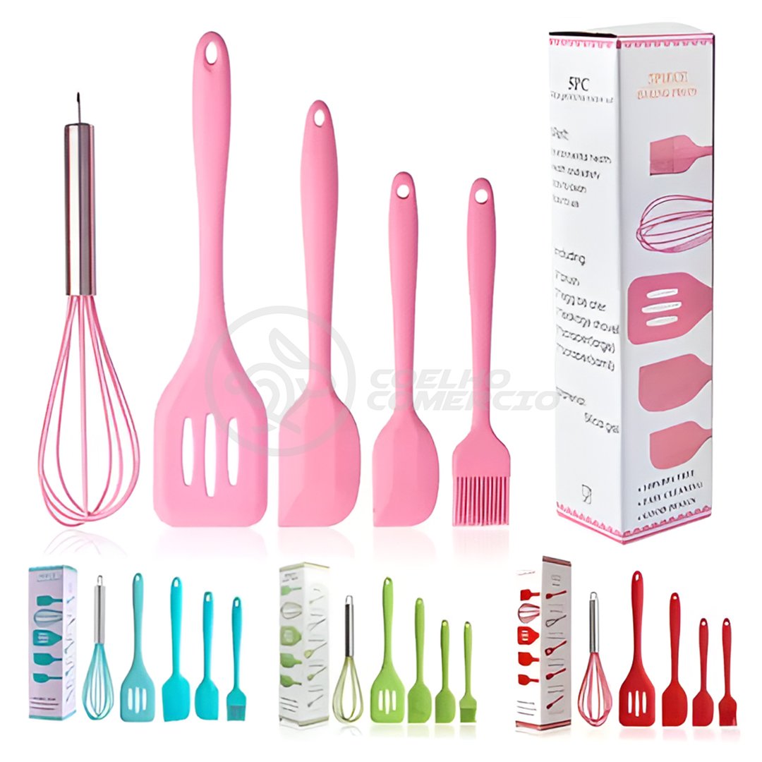 Kit 5 Utensílios de Cozinha Resistentes Conjunto Completo Peças de Silicone:vermelho/único/unissex - 2