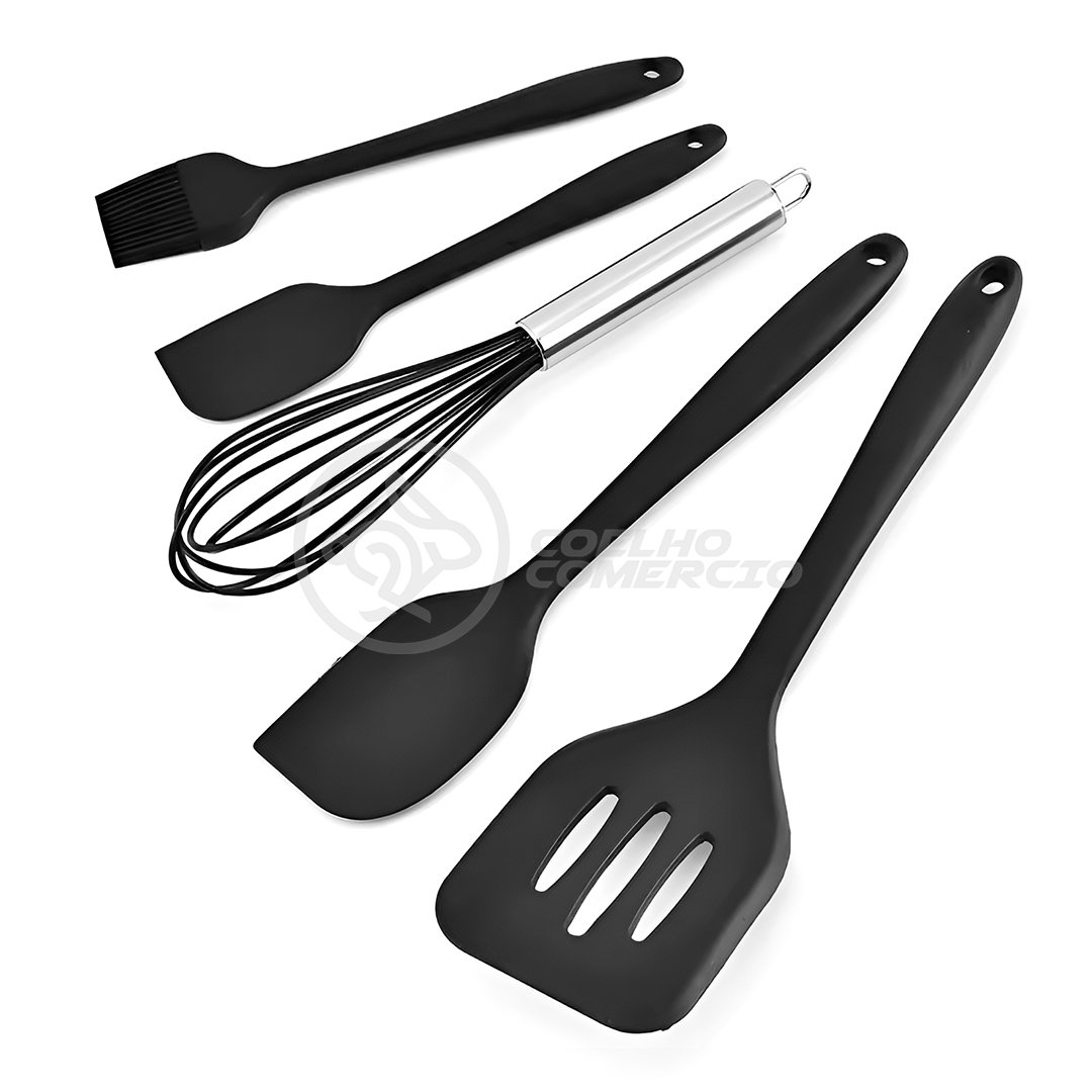 Kit 5 Utensílios de Cozinha Resistentes Conjunto Completo Peças de Silicone:vermelho/único/unissex - 3