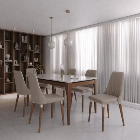 Conjunto de Jantar Mesa c/Vidro 1,60 Addar 6 Cadeiras Loren - Fendi