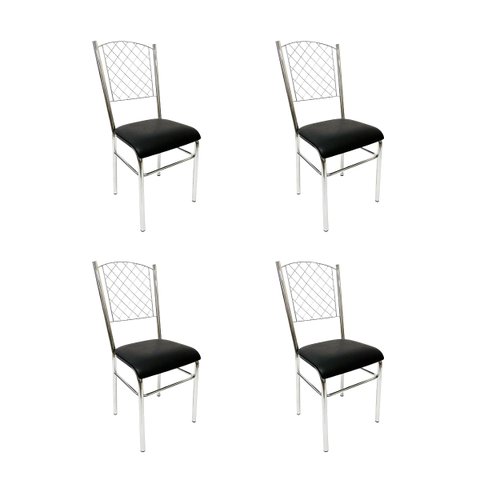 Kit 4 Cadeiras de Cozinha com Reforço Cromada Encosto Grade Assento Preto - Poltronas do Sul