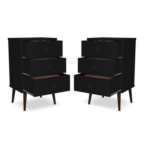 Kit 2 Mesas de Cabeceira Madri Retrô com Pé Palito 3 Gavetas Preto