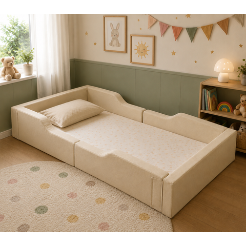 Cama Infantil Estofada Bege Completa com Colchão 188x88cm Proteção Lateral
