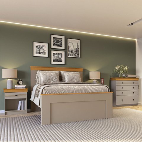 Conjunto Cama Casal 2 Mesas de Cabeceira e Cômoda England MDF Corda/Freijó