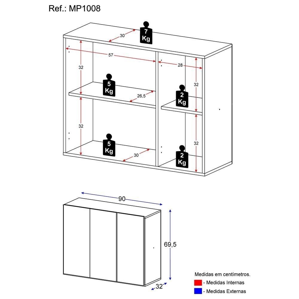 Aparador Buffet 3 Portas Suspenso Veneza Multimóveis MP1008 Branco - 5