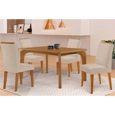 Sala de Jantar Completa Londrina C/ Tampo Madeirado Canto Curvo 120x90cm e 4 Cadeiras Dakota Madeira