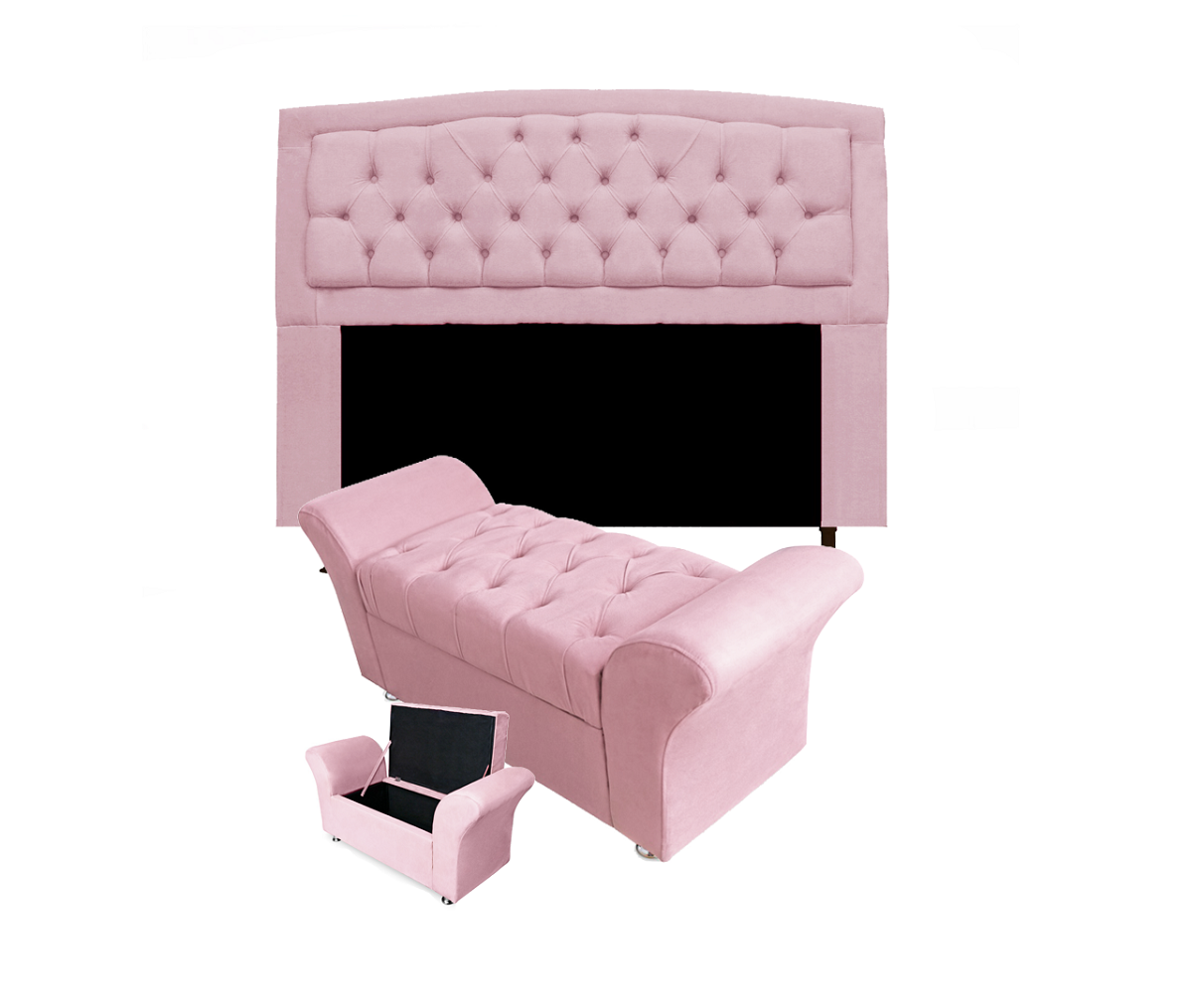 Conjunto Cabeceira Geovana e Recamier Veneza Baú Solteiro 90 Cm Corano Rosa Bebe - Incasa Decor