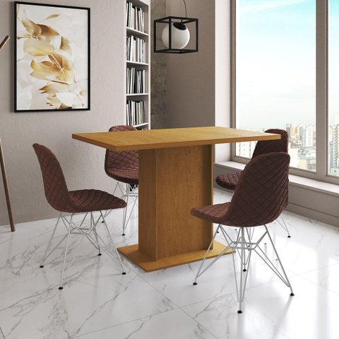 Mesa Jantar Londres Tampo Canela 120cm 4 Cadeiras Ferro Branco Estofado Caramelo