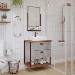 Armario Kit para Banheiro com Cuba e Espelheira 60cm em Mdf Uni Mgm Cinza Marrom - 2