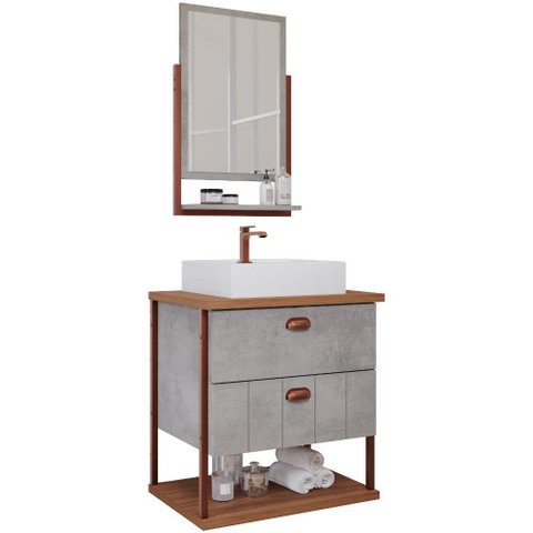 Armario Kit para Banheiro com Cuba e Espelheira 60cm em Mdf Uni Mgm Cinza Marrom