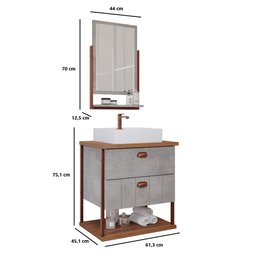 Armario Kit para Banheiro com Cuba e Espelheira 60cm em Mdf Uni Mgm Cinza Marrom - 3