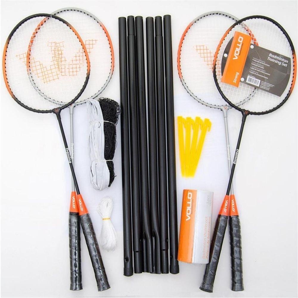 Kit Vollo Badminton - 4 Raquetes, 3 Petecas, Rede e Suportes