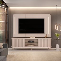 Painel com Bancada Sala de Estar 218cm Saitama para Tv até 75 com Portas Ripadas e Led Off White G18 - 1