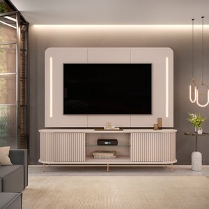 Painel com Bancada Sala de Estar 218cm Saitama para Tv até 75 com Portas Ripadas e Led Off White G18