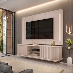 Painel com Bancada Sala de Estar 218cm Saitama para Tv até 75 com Portas Ripadas e Led Off White G18 - 5