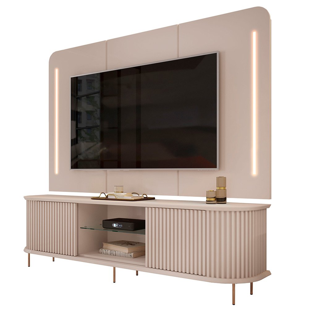 Painel com Bancada Sala de Estar 218cm Saitama para Tv até 75 com Portas Ripadas e Led Off White G18 - 8