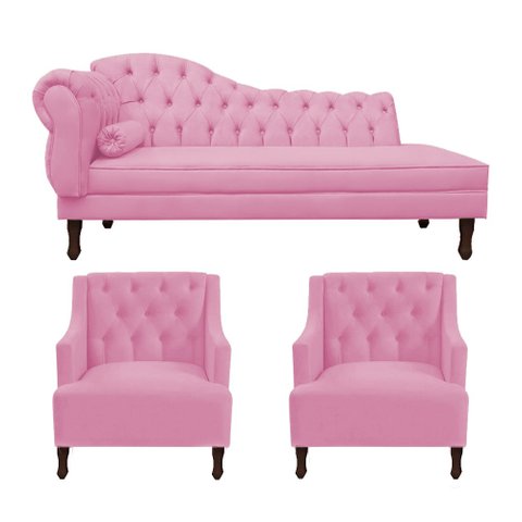 Kit Divã Cancun 140cm Braço Direito + 2 Poltronas Genesis Rosa