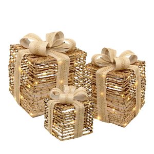 Jogo de 3 Caixas Natalina em Rattan com Luz Dourada - Espressione