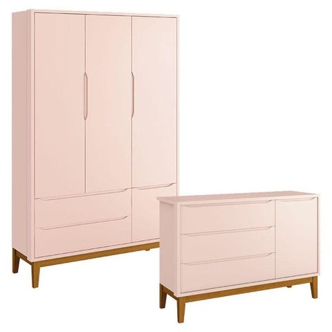 Cômoda Infantil e Guarda Roupa 3 Portas New Classic Rosa com Pés Madeira - Reller