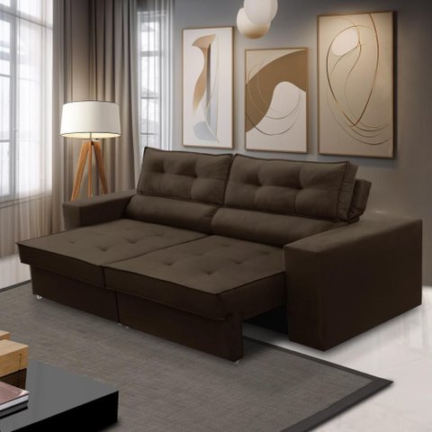 Sofá Retrátil e Reclinável 3 Lugares 2,10m com Molas Milena Suede Marrom Rover & Beato