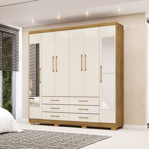Guarda Roupa Dunas Casal 6 Portas de Bater 2 com Espelhos 6 Gavetas Mdf Nature/offwhite G98 - Gran B