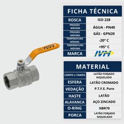 Válvula Esfera Fêmea X Fêmea 1/2 para Gás Passagem Plena Alavanca Ivm Italy Latão Niquelado - 3