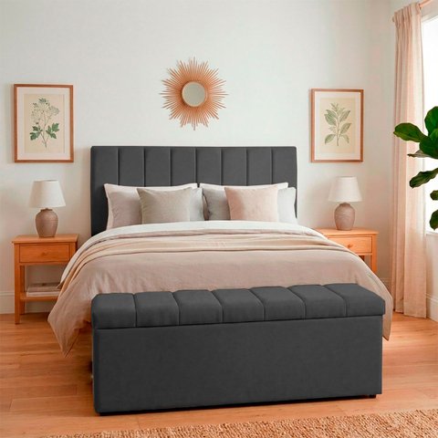 Kit Cabeceira Mais Calçadeira com Bau Eros Casal 140 cm para Cama Box Suede Chumbo Biselos-Decor