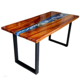 Mesa em Madeira de Lei e Resina Epóxi até 6 Lugares Tema "ondas" Craft Wood Mesa de 6 Lugares - 6