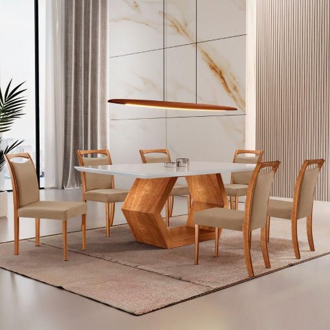 Mesa Ane 180 Tampo com Vidro Laqueado com 6 Cadeiras Livia Linho Palha Imbuia Natural Off White