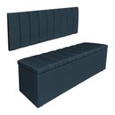 Ver imagem 1 de Kit Cabeceira Painel e Calçadeira Baú Casal 1,40m Londres Veludo Azul Marinho Dal Poz Estofados