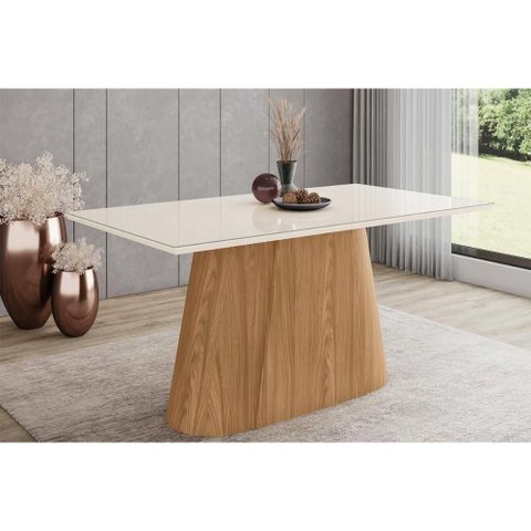 Mesa P/ Cozinha Olivia Sc118 C/ Tampo Madeirado C/ Vidro Reto 160x90cm Nature/off White - Henn