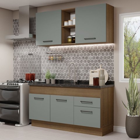 Cozinha Compacta Madesa Agata 150002 com Armário e Balcão (Sem Tampo e Pia) Rustic/Cinza Cor:Rustic 