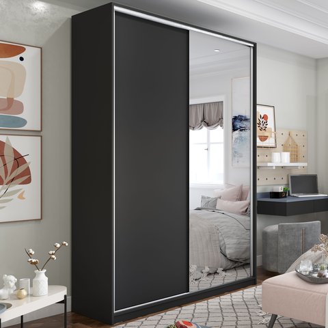 Guarda Roupa Solteiro 100% MDF BP com 2 Portas e 1 Espelho Zermatt Preto