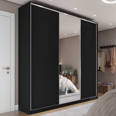 Guarda Roupa Casal 100% MDF BP com 3 Portas e 1 Espelho Zermatt Preto