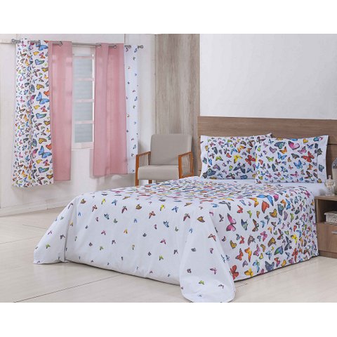 Jogo Lençol 4 Peças Cama Viúva 2,03mx1,20mx35cm 100% Algodão 180 Fios Ponto Palito Borboletas Colori