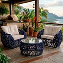 Ver imagem 2 de Jogo 2 Poltronas e Mesa de Centro Tampo de Vidro Aço e Corda Náutica Azul Aruá Courino Branco