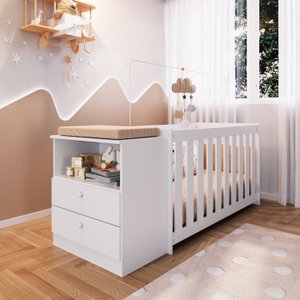 Conjunto Quarto de Bebê 1 Berço com Colchão 1 Cômoda Trocador Aconchego 