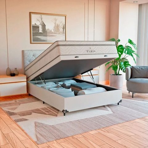Cama Box Baú Viúva + Colchão Paris Molas Ensacadas Branco Couro Branco/branco