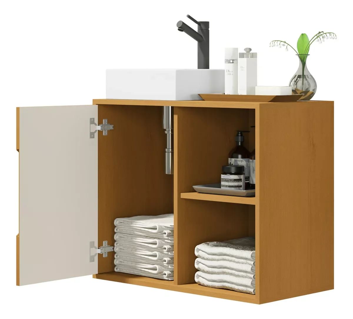 Kit Conjunto Gabinete Balcão Banheiro Espelheira Cuba Barém:nature/off White - 6