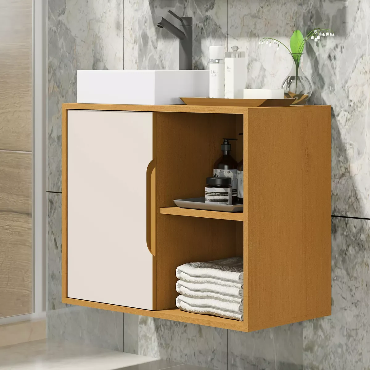 Kit Conjunto Gabinete Balcão Banheiro Espelheira Cuba Barém:nature/off White - 4