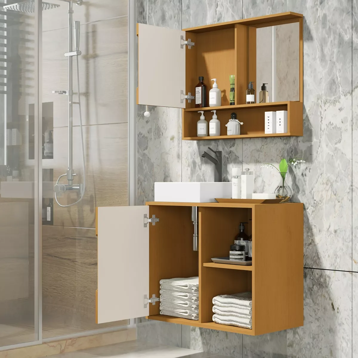 Kit Conjunto Gabinete Balcão Banheiro Espelheira Cuba Barém:nature/off White - 2