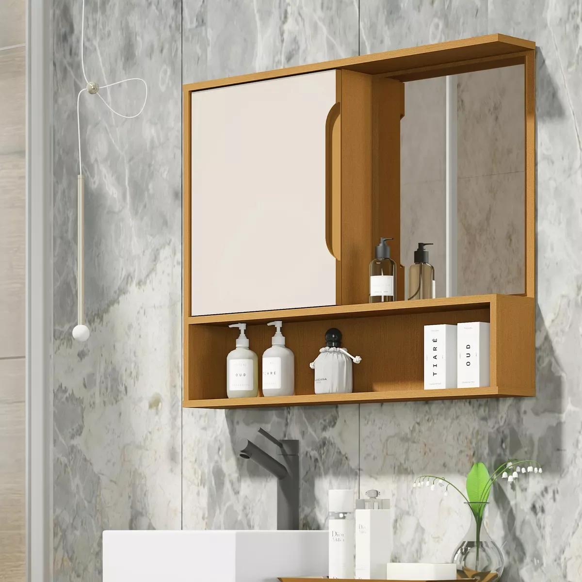 Kit Conjunto Gabinete Balcão Banheiro Espelheira Cuba Barém:nature/off White - 3