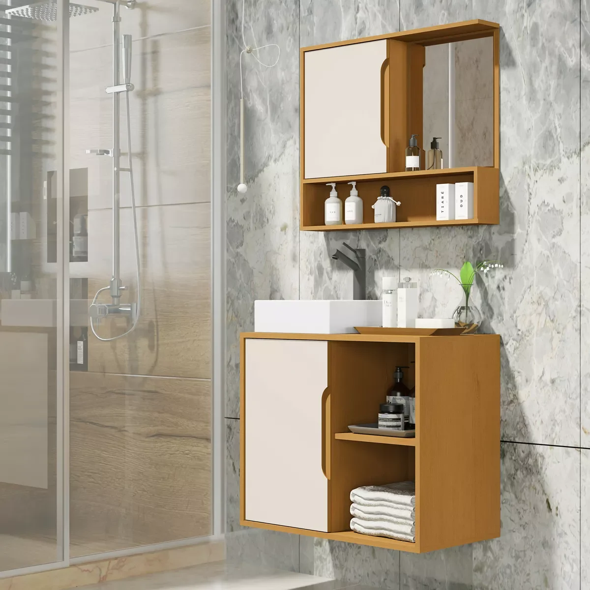 Ver imagem 1 de Kit Conjunto Gabinete Balcão Banheiro Espelheira Cuba Barém:nature/off White