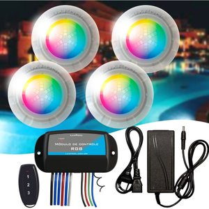 Kit Led Colorido RGB para Piscina 4 Refletores 9W e Módulo de Comando e Controle Remoto - Luxpool