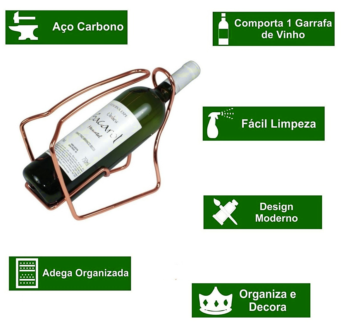 Suporte Garrafa Vinho Destilado Servir Mesa Bar Aço com Alça Cobre - 3