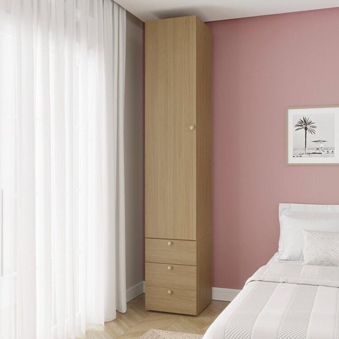 Guarda-Roupa 2 Módulos 1 Porta e 3 Prateleiras 3 Gavetas Frame CabeCasa MadeiraOriginals